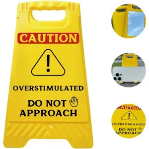 Caution Overstimulated Desk Sign – Funny Yellow Warning Office Decor with Phone Stand & Mirror – Workplace Gag Gift for Coworkers, Neurodivergent Support, Stress Humor, Holiday Desk Display (Caution) : Home & Kitchen