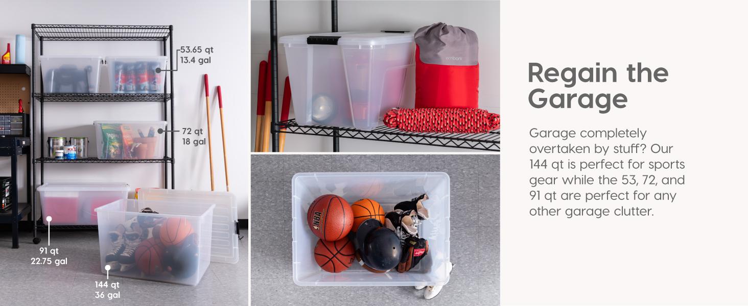 144 Qt Stackable Plastic Storage Bins with Lids, 3 Pack - BPA-Free, See-Through Organizing Solution, Latches, Durable Nestable Containers, Secure Pull Handle, Made in USA - Clear Boxes Organiser