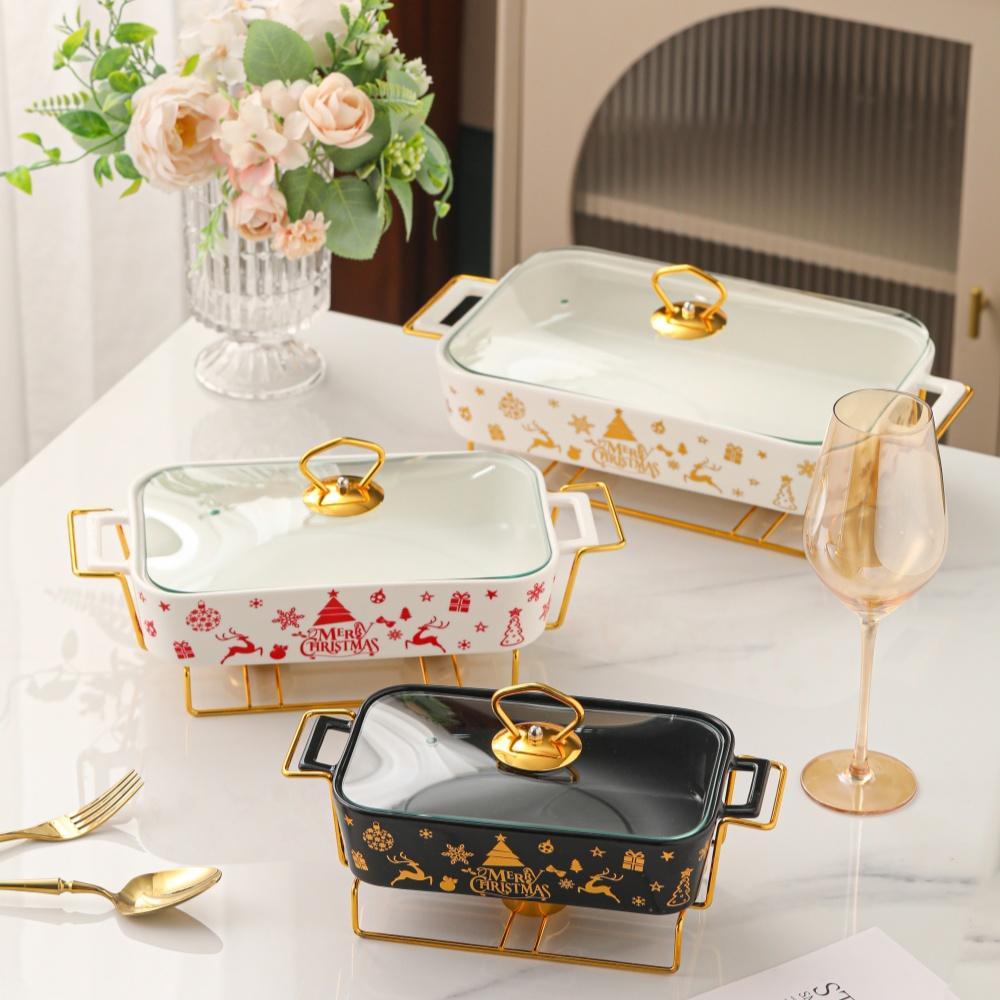 Rectangular Ceramic Casserole with Lid, High-Temperature Glazing for Halloween and Christmas, Available in Three Sizes, Creative Pot Holder for Home Dining & Parties