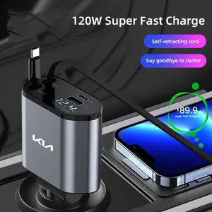 4 IN 1 Car Phone Charger 120W Type C 66W+2.4A Charging Cable with Retractable Cords with Volt Display For IPhone Huawei Samsung For KIA K5 K9 Sorento Ceed Sportage Carnival Stinger Forte Niro Cadenza Soul Cerato EV6 Stonic Cerato Telluride Proceed RIO
