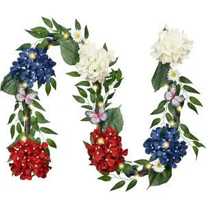 6FT 4th of July Garland with Lights for Mantle, Red White Blue Patriotic Hydrangeas Garland Memorial Day Decorations with Eucalyptus Leaves Butterfly for USA 250th Anniversary Summerfidget toys