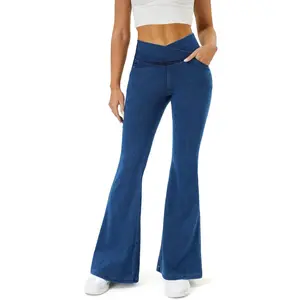 Bell Bottom Jeans for Women Trendy Crossover Stretchy Jeans Flare Leggings with Pockets Butt Lifting Jeggings
