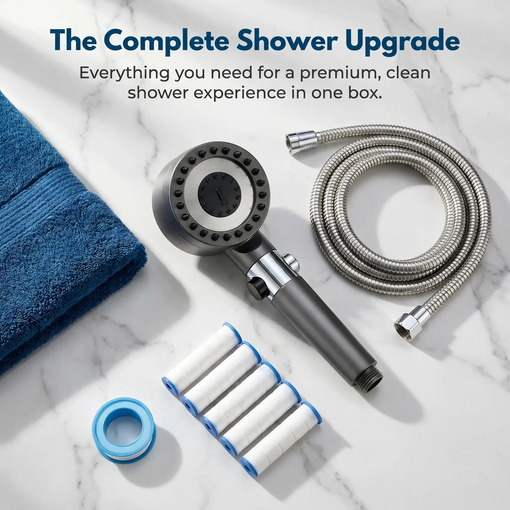 3-in-1 Filtered Shower Head with Scalp Massage Jet & 5 Filters Turbo High Pressure Water Saving Shower Head  Hair & Skin Care Easy Tool-Free Install Modern Grey bean blaster