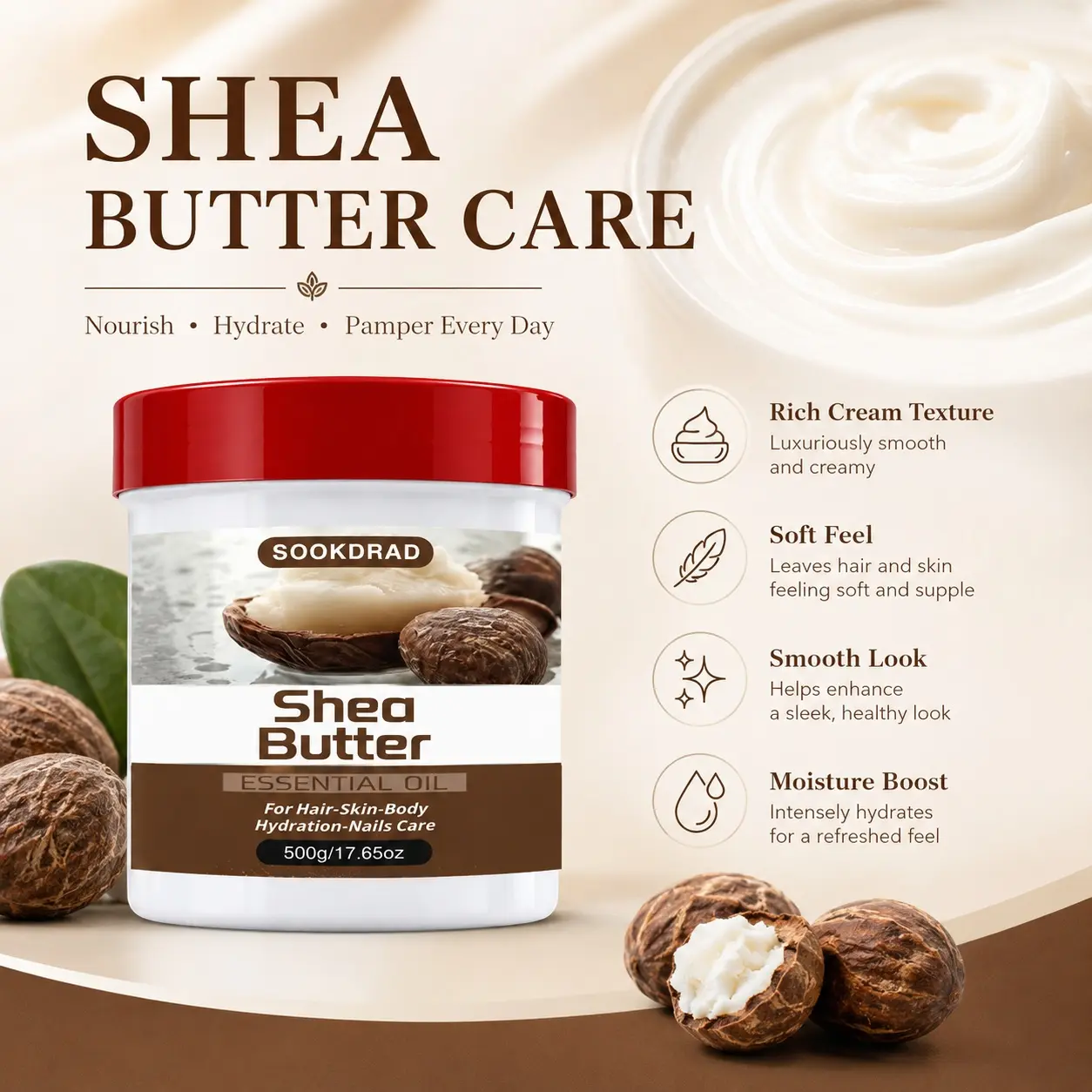 Shea Butter, Essential Oil, Hydrating, For Hair, Skin, Body, Nails, 500g
