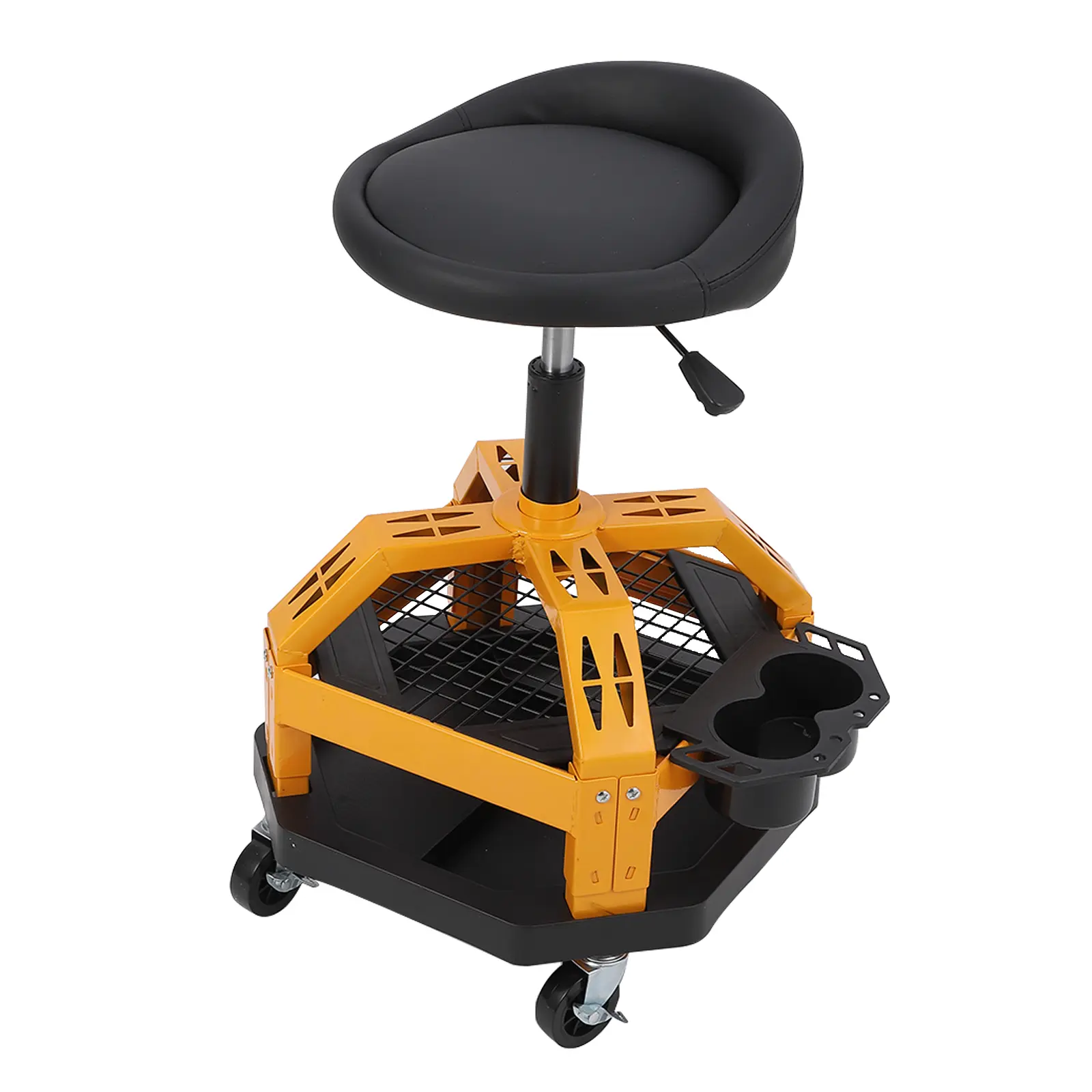 Rolling Shop Stool with Wheels, Garage Work Mechanic Stool with Backrest, Roller Mechanic Chair, Adjustable Height, 360° Swivel, Tool Tray Storage, 330 LBS Capacity