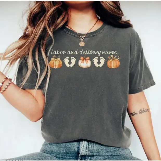 Labor And Delivery Nurse Graphic Cotton T‑Shirt, Comfort Oversized Cute Fashion Outfit, Fall Thanksgiving Best Gift For Her, Perfect Present For Nurse Friends Family