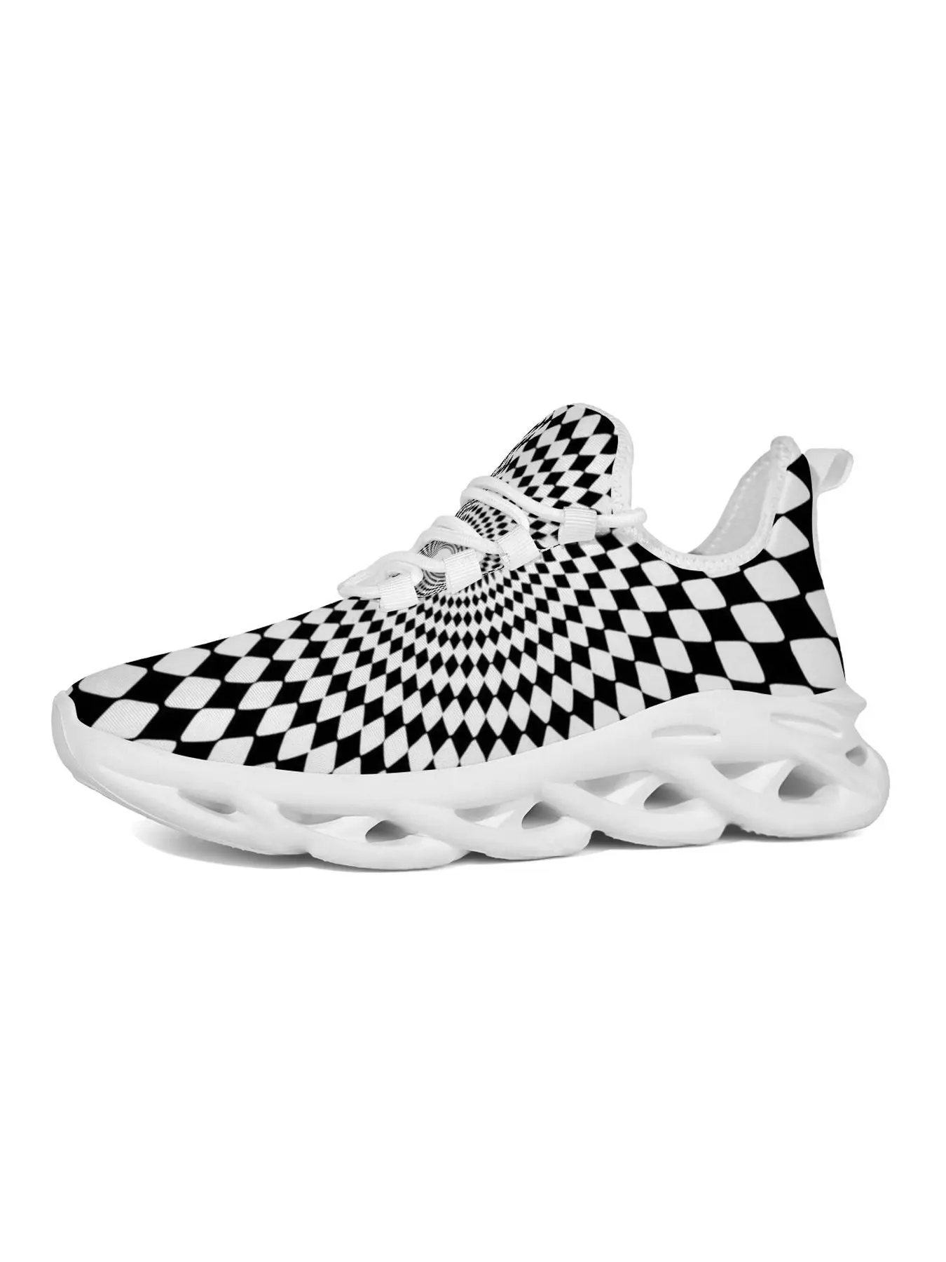 Adult Man Woman Lace Up Running Shoes Black White Distorted Checkerboard Optical Illusion Blade Sneakers Breathable Mesh Lace Up Running Shoes Abstract Pattern Hollow Sole Streetwear Casual Trainers