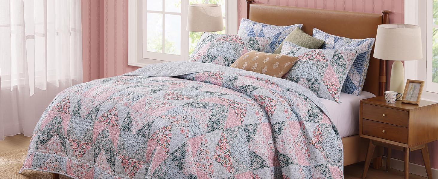 Set Queen Size, Patchwork Blue Pink Marigold Floral Sets, Reversible Bedspread Lightweight and Breathable for All, Soft Quilted Bedspread with 2 Pillow Shams