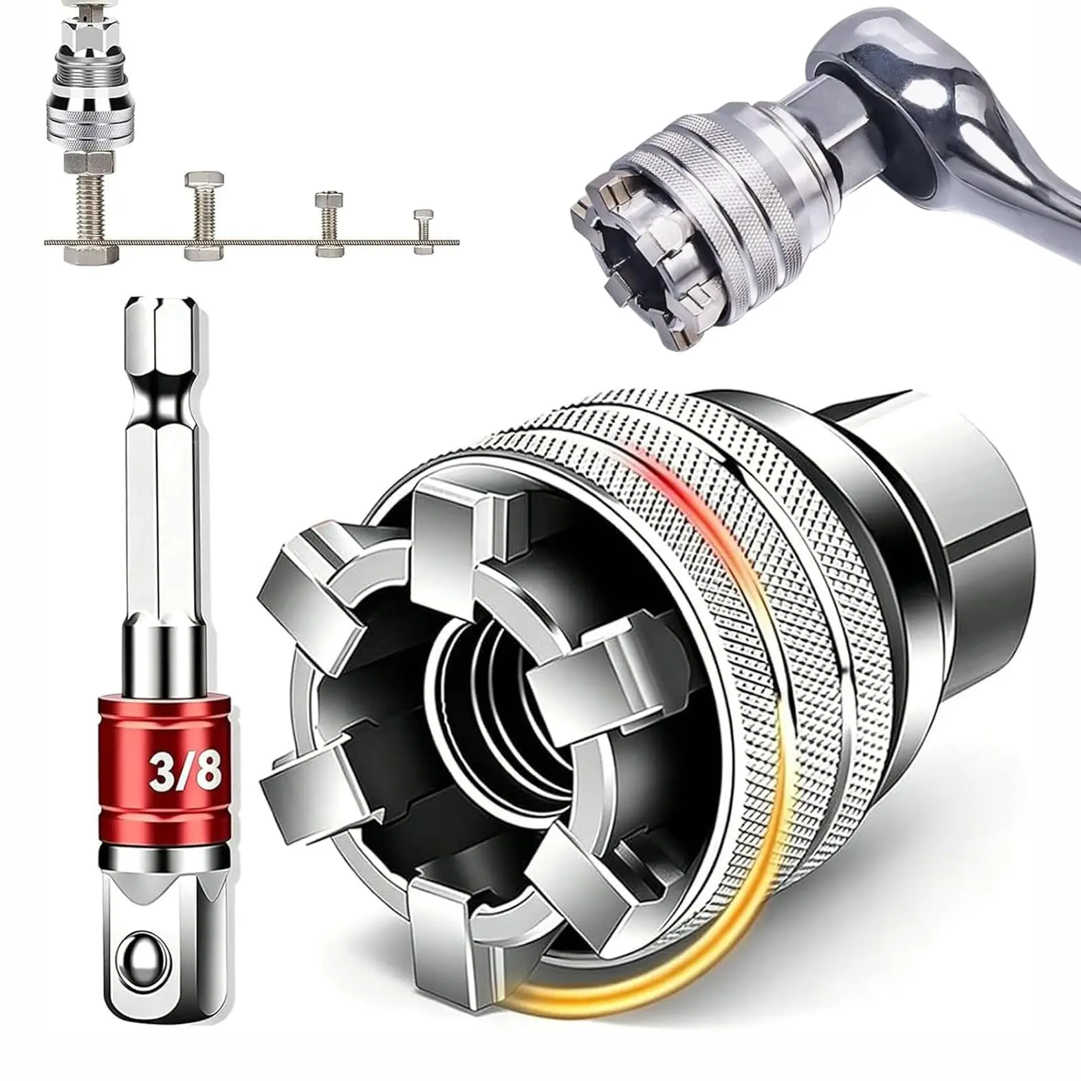 Universal Socket Wrench Tool, 10mm-19mm (3/8"-3/4") Adjustable Magic Socket with 3/8" Power Drill Adapter, Heavy Duty Pass-Through Drive Hand Ratchet Attachment for Mechanical Repair