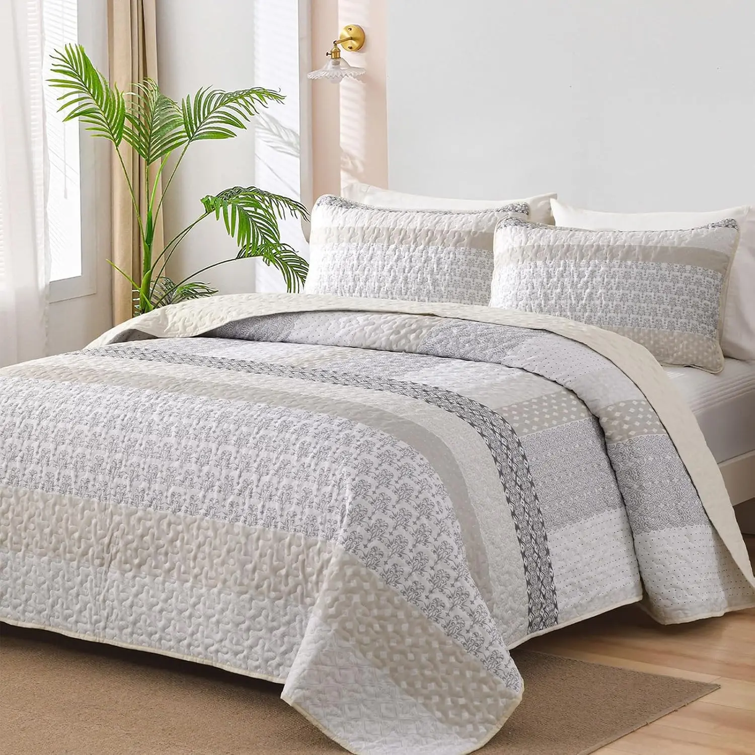 Beige Quilt Queen Size, Bohemian Stripe Quilt Sets 3 Pieces Beige Boho Quilted Bedspread Set Lightweight Microfiber Coverlet Bedding Set All Season (96"x90")