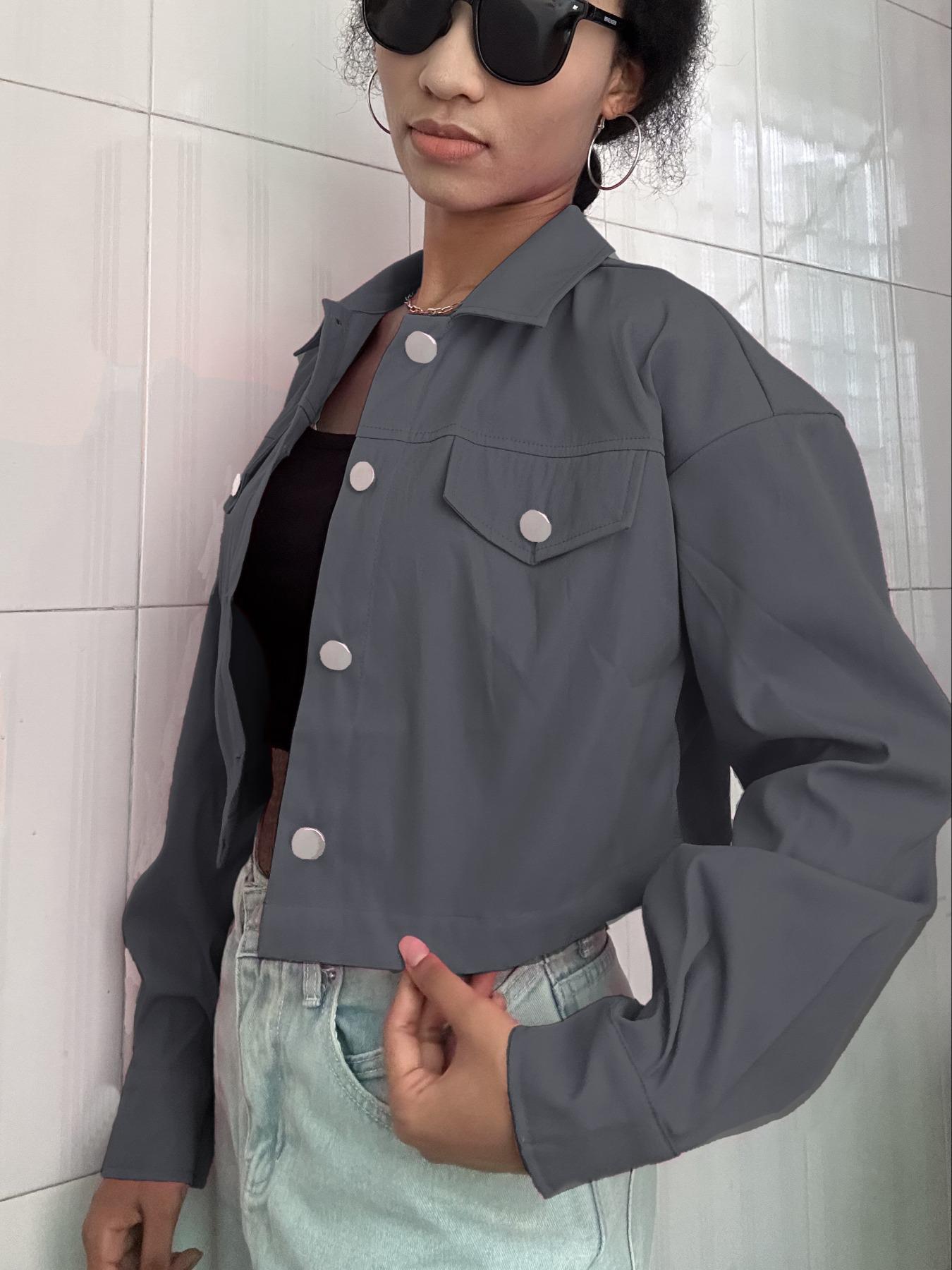 Women's Solid Button Front Drop Shoulder Crop Jacket, Casual Long Sleeve Collared Coat Outerwear for Fall & Winter, Ladies Clothes for Daily Wear