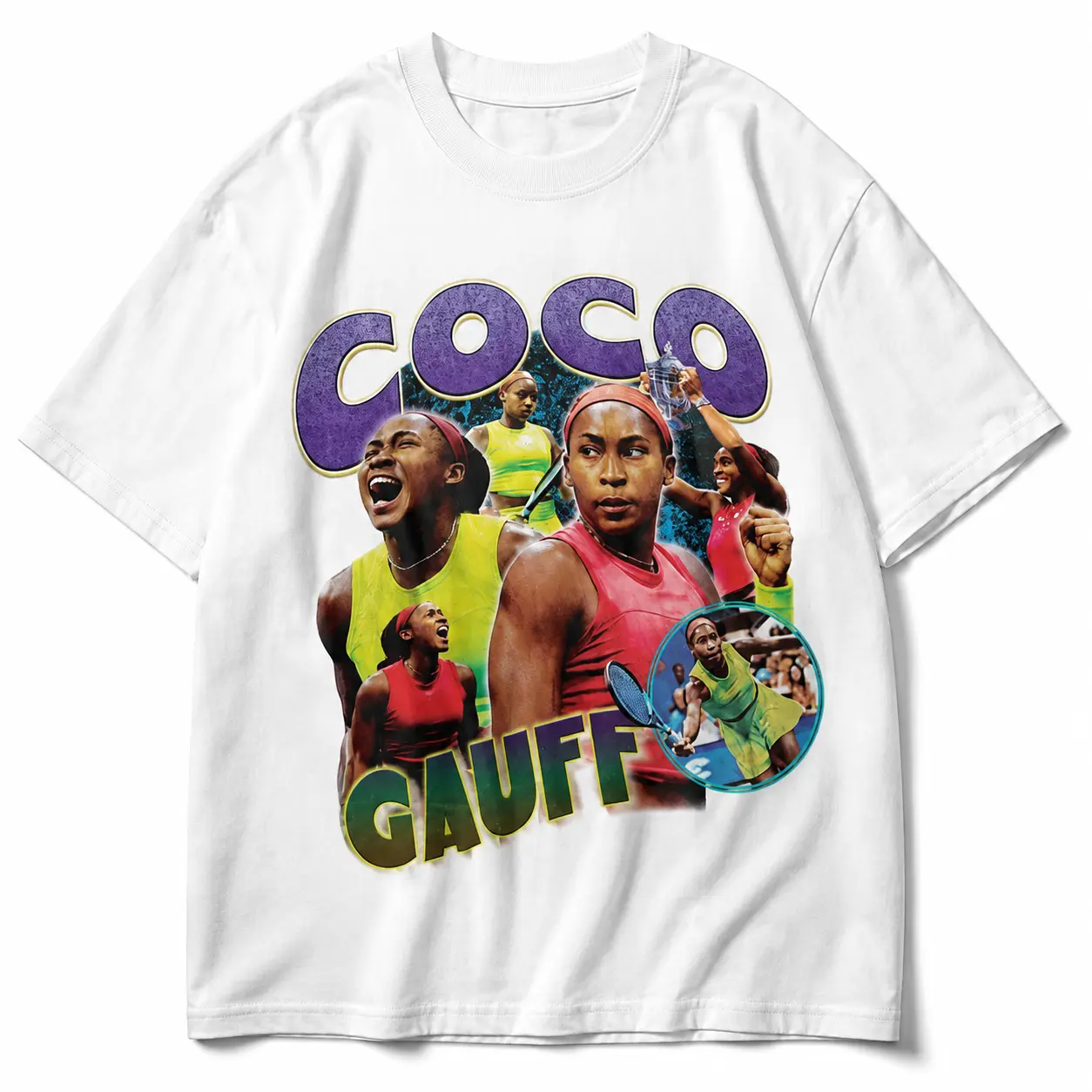 Men's Casual Graphic T-Shirt - 90s Style Coco Gauff Tennis Fan Gift, Breathable Cotton Short-Sleeve Classic Fit Menswear Top, Fabric, All Seasons, Graphic Print, Crew Neck, Coco Gauff Art, Basic, Christmas, Cute