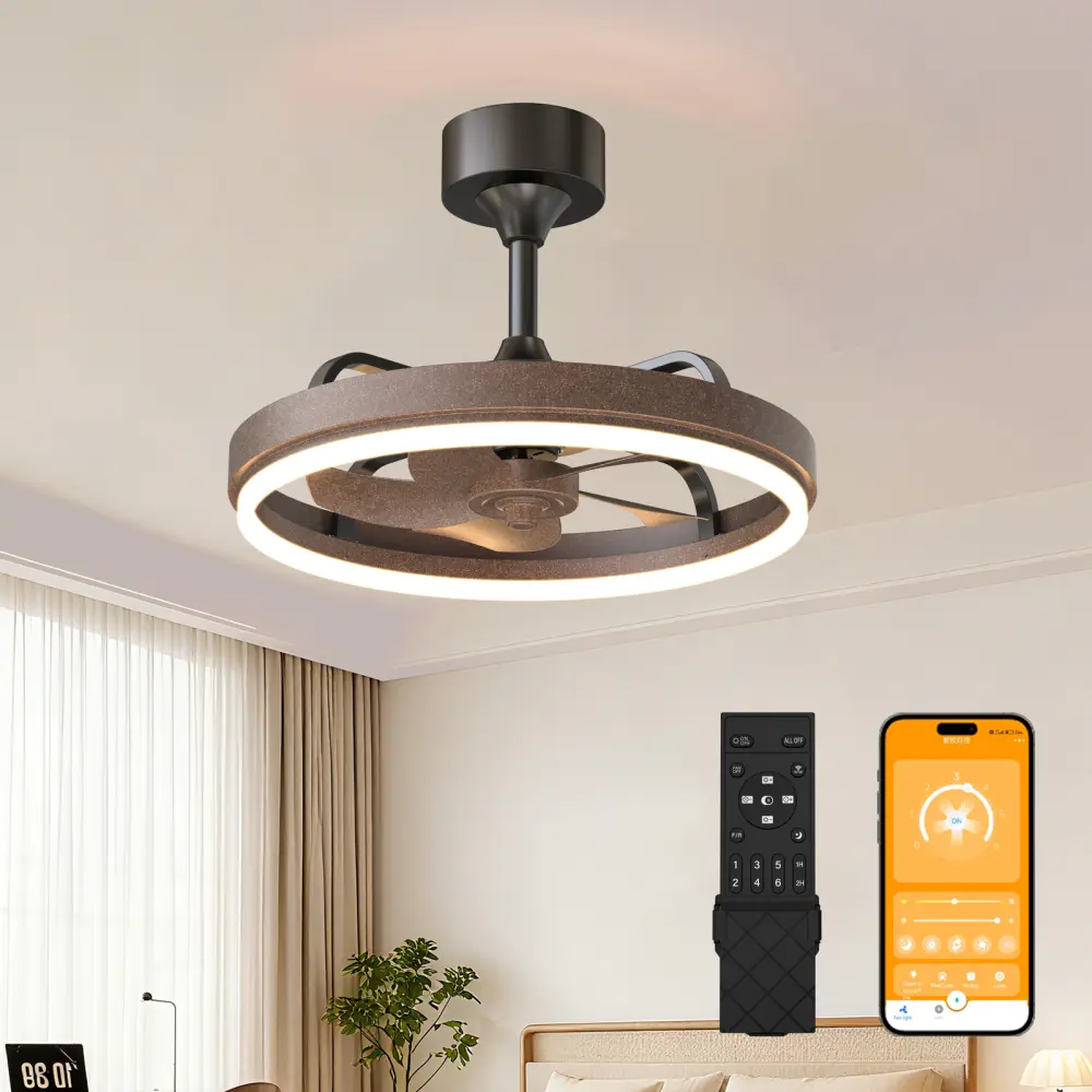 20.5 Inch Rustic Brown Ceiling Fan with Lights, Remote & APP Control, Modern Fandelier with Dimmable LED Light, 6-Speed Quiet Reversible DC Motor, Downrod Mount Ceiling Fan for Bedroom, Living Room, Dining Room, Kitchen, Farmhouse, Indoor Ceiling Fan, Flu