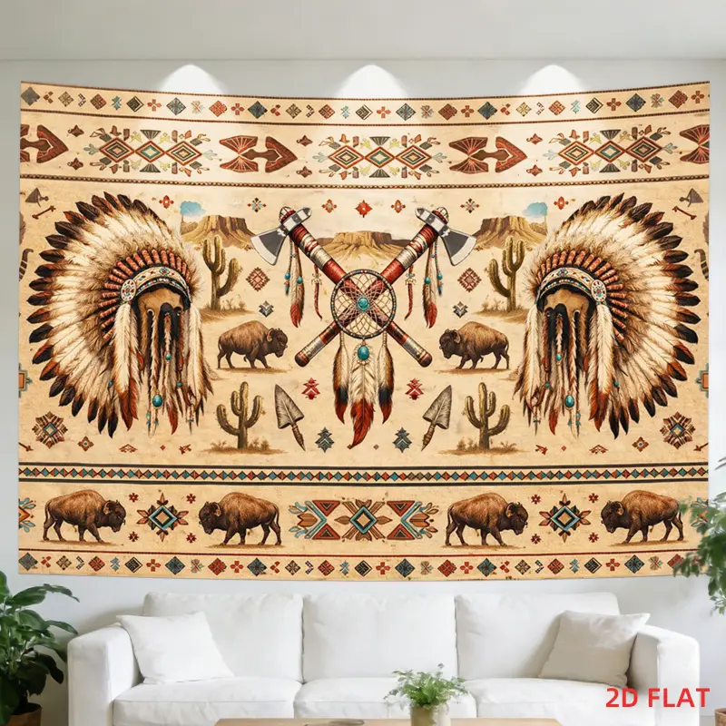 1-Piece Large 2D Flat Print Native American Themed  - Headdress, Tomahawk, Buffalo Cactus Patterns, No Glow Effect - Room Art Artwork Print  for , Wedding Backdrop Home  Hanging Decoration bedroom tapestry Personalized Wall  decorative decor foot outdoor