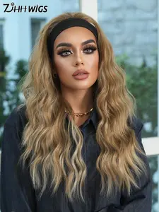 Long Deep Wavy Curly Ombre Brown Headband Wig for Women 24 Inch Loose Water Wave Headband Hairpiece with Fashionable Headwrap, Glueless Synthetic Heat Resistant Fiber Head Band Wigs for Daily Party Wear