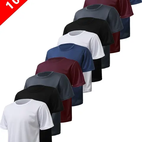 10-Pack Solid Short Sleeve T-Shirts, Lightweight Comfortable Athletic Shirt, Breathable and Moisture-Wicking Crewneck Gym Tee, Ideal for Exercise, Men's T-Shirts for Spring / Summer / Autumn, Summer Sports Clothing