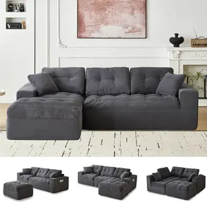 104" l-Shaped Modular Sectional Sofa with Ottoman, Boneless Cloud Couch Corduroy with Deep Seat and Side Pockets, Flexible 3-Piece Module Combination for Living Room, No Assembly Required, Gray