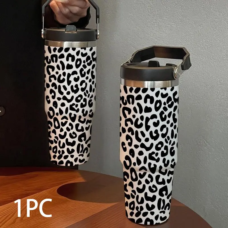 30oz Leopard Print Insulated Tumbler Cup with Straw, Cold & Hot Drinks, Stainless Steel Travel Mug, Sporty Style, Perfect Gift
