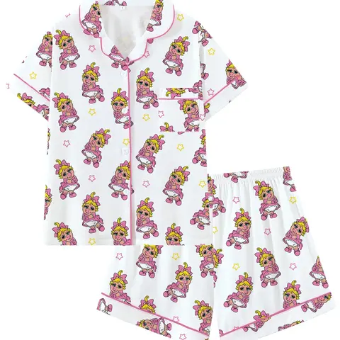 Women's Cute Pig Print Loungewear Pajama Set, Short Sleeve Button-Front 2-Piece Cartoon Sleepwear with Pink Contrast Trim, Printed Sleepwear Set