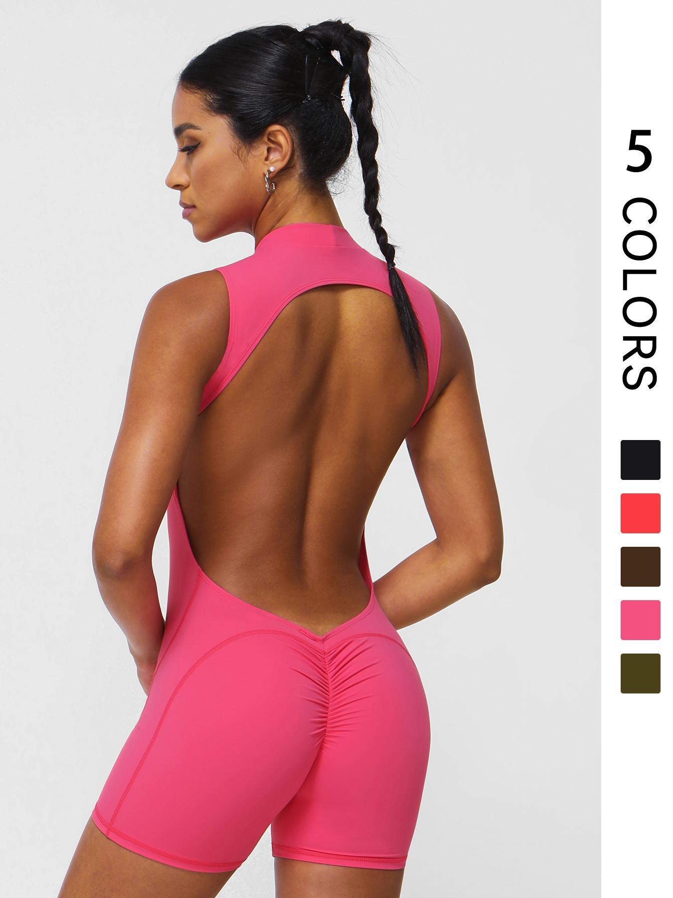 Women's Solid Color Sporty Jumpsuit, Sexy Tight Fit Sleeveless Backless Design, Fashionable Comfortable Yoga Fitness One-Piece Sporty Comfy Jumpsuit