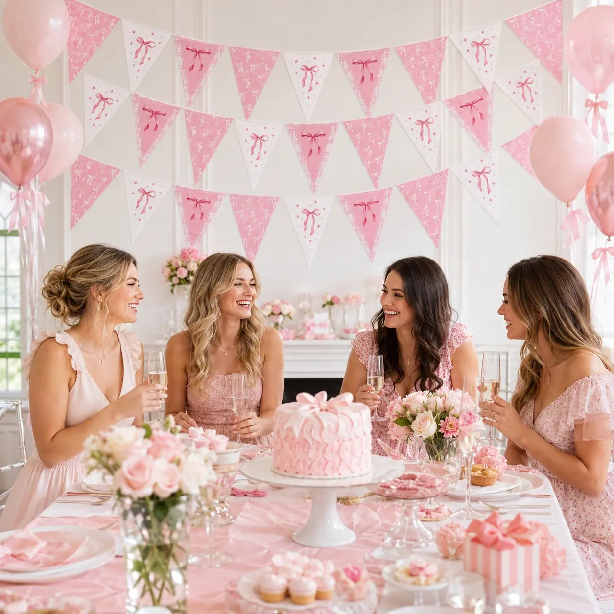 Bow Party Banner, Elegant Triangle Flag with Bow and Ribbon Design, Durable Paper Decoration for Weddings, Birthdays, Parties, Party Decorations