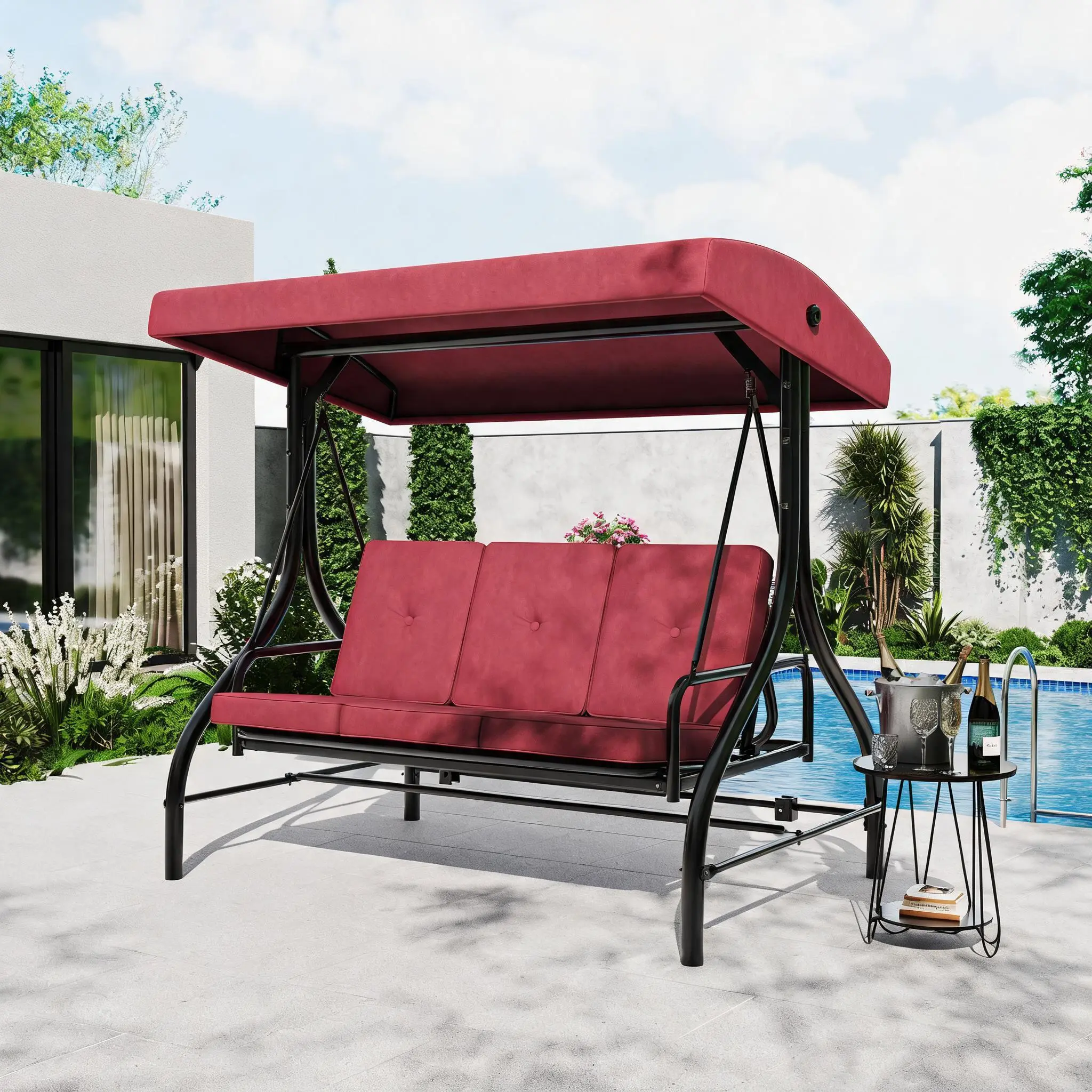 3-Seat Patio Porch Swing with Stand, 2-in-1 Convertible Swing Bed with Adjustable UV Canopy, 800lb Heavy Duty Bench for Garden, Deck & Patio