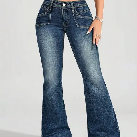 Women's High-Waisted Flare Denim Jeans, Washed Slim Fit, Button Fly, Chic Casual Style, All Seasons, Retro Vintage 90s Look, Streetwear, Music Festival, Leg