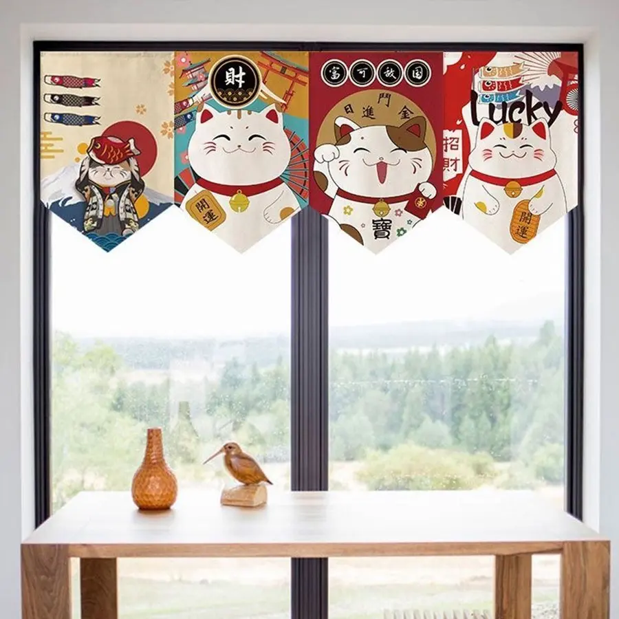 Japanese Lucky Cat Triangle Flag Partition Curtain, Short Fabric Kitchen Privacy Curtain, Customizable Half Door Curtain for Shops