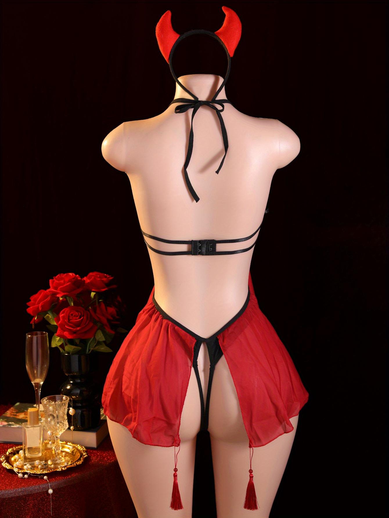 Sexy Little Devil Role-Playing Bodysuit - Black & Red Lace-Up Off-Shoulder Costume with Thigh Slits & Bow Decorations, Adjustable Back Strap & Horned Headpiece - Hand-Wash Only Adult Halloween Outfit for Themed Parties, Cosplay & Role-Play - Comfort