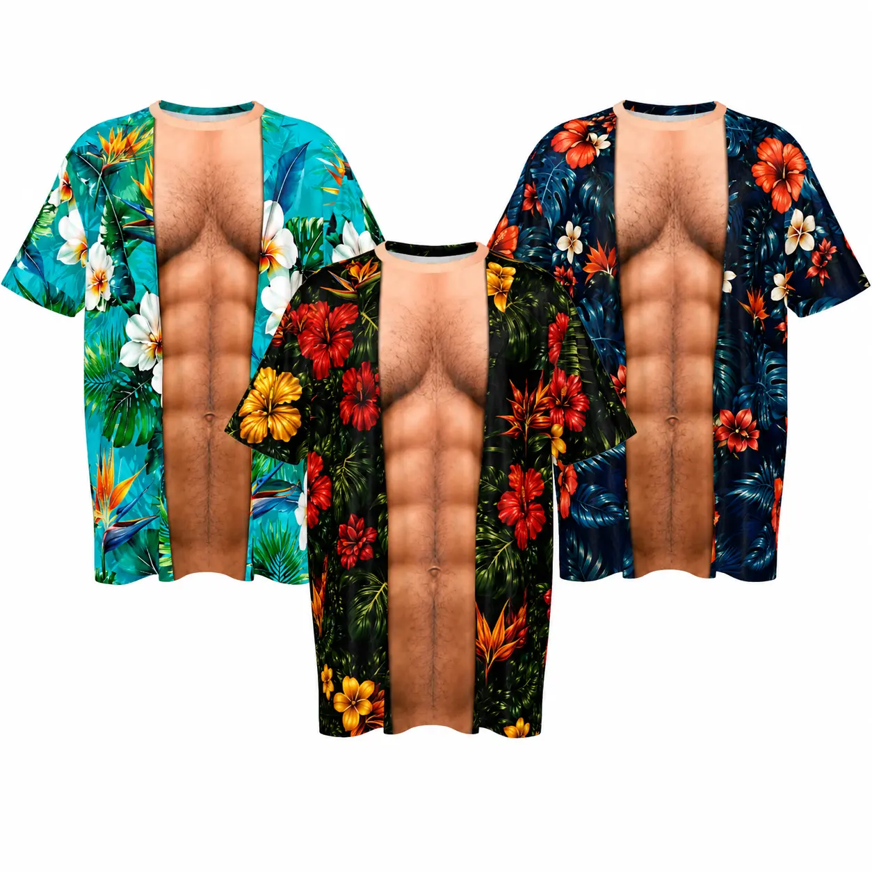 3PCS Novelty  Muscle T Shirt for Men, Hawaiian Shirt Illusion Tee, 3D Fake Open Shirt, Too Hot To Handle Summer Vacation Gift, Funny Halloween Costumes