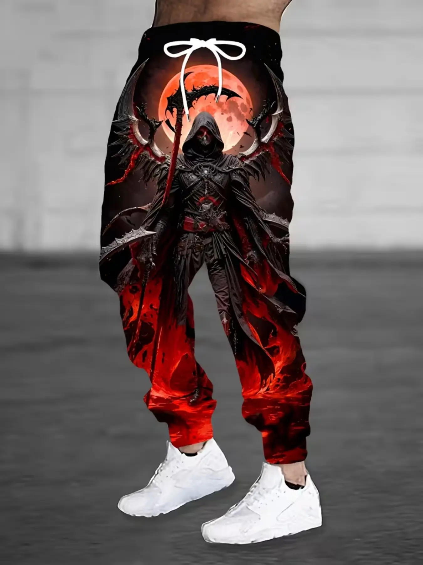 Gothic Moon Skull Death God Full Print Sweatpants, Men's Elastic Waist Streetwear Jogger Pants, Casual Ankle-Length Geometric Design