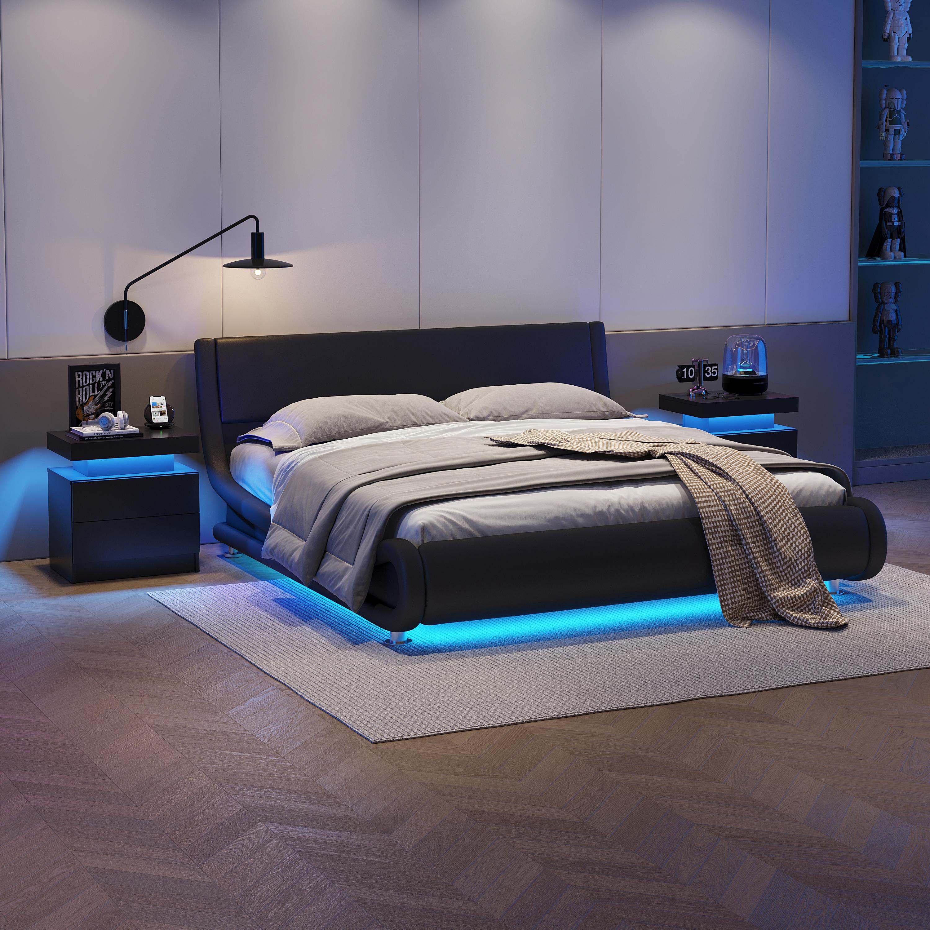 Bedroom Nightstand with 2 Drawers and 16-Color Adjustable RGB LED Lights, Modern Bedside Table Storage