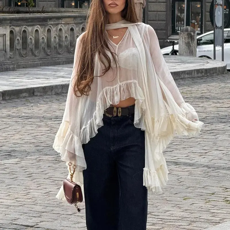 Women's Sheer Cape Tops Ruffled Hem Long Sleeve V-Neck Loose Lightweight Blouse with Matching Neck Scarf
