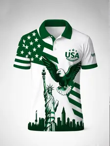Men's Usa Eagle Liberty Print Polo Shirt, Colorblock American Flag Short Sleeve Collared Top, Casual Geometric Design, All Seasons, Printed Polo Shirts