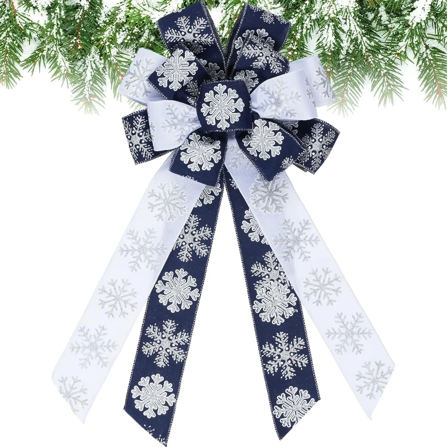 Large Christmas Bow 21"x11" Navy Blue White Snowflake Tree Topper Wreath Door Winter Holiday Decoration    Ribbon Indoor Outdoor  Fireplace  Wedding Party Decor