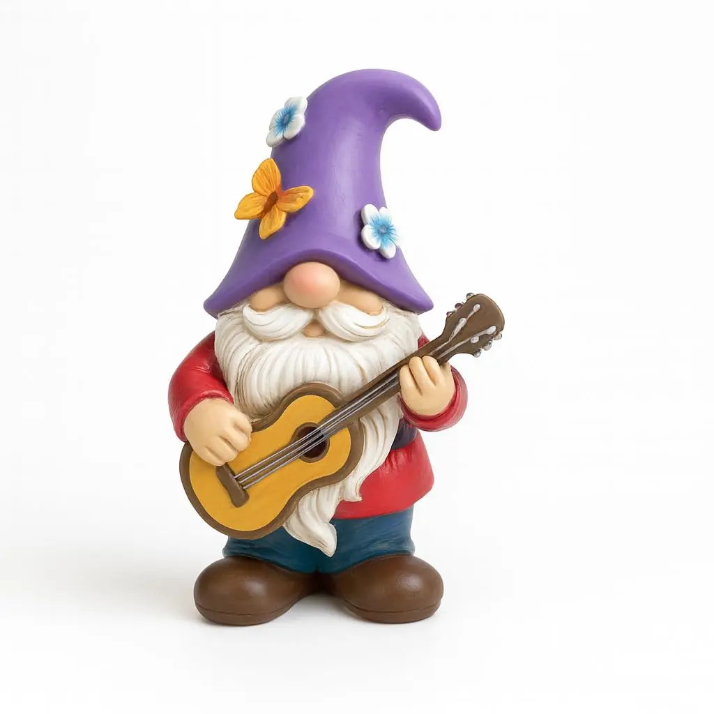 Musical Gnome Figurine with Guitar – Handcrafted Resin Garden or Shelf Decoration, 6.2" Tall Whimsical Gnome Statue with Purple Hat, Flowers & Butterfly, Gift for Music Lovers