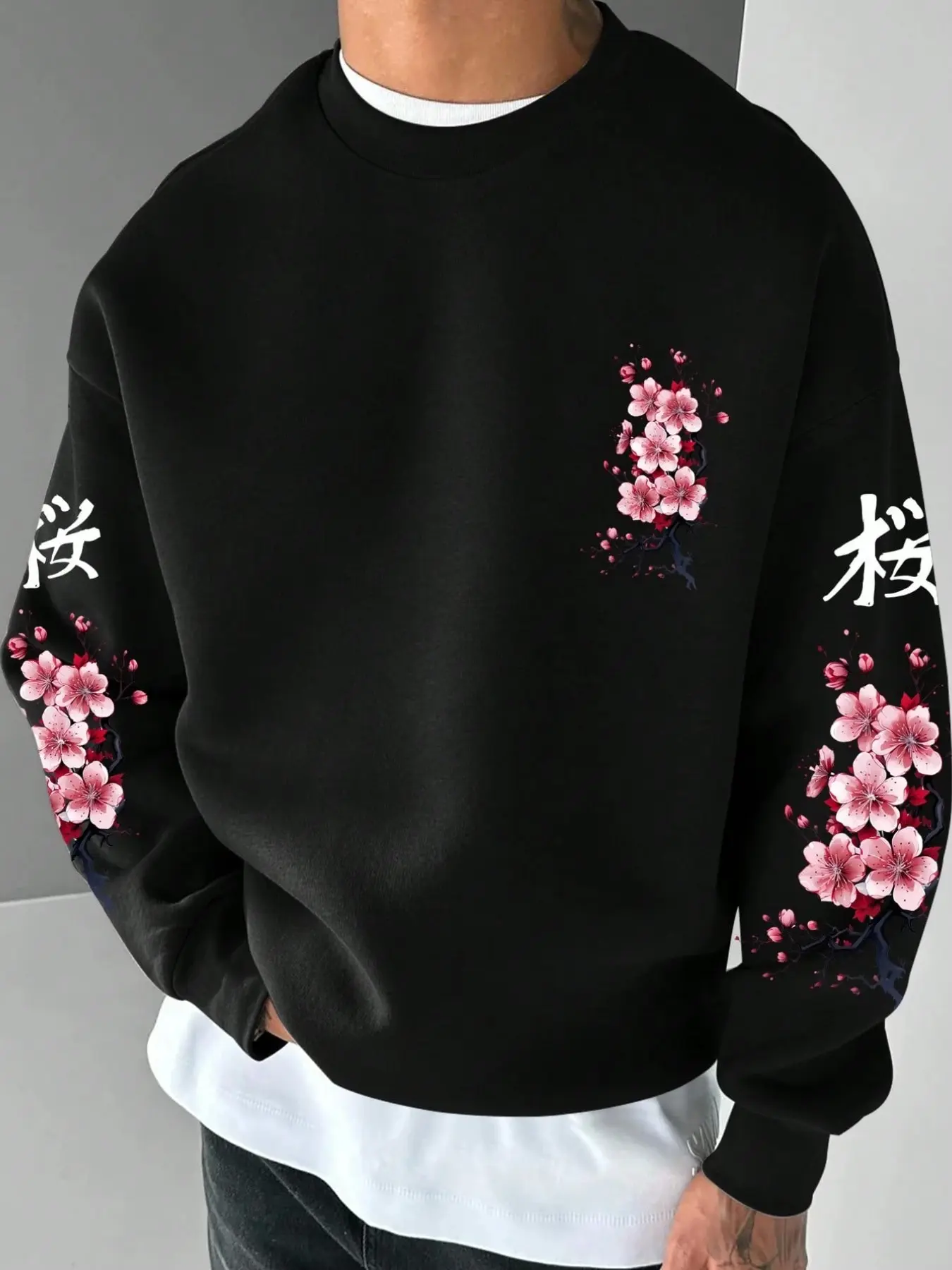 Men's Round Neck Sweatshirt, Cherry Blossom Japanese Text Pattern, Wrinkle-Resistant Thick Fabric, Fall Winter Casual Streetwear