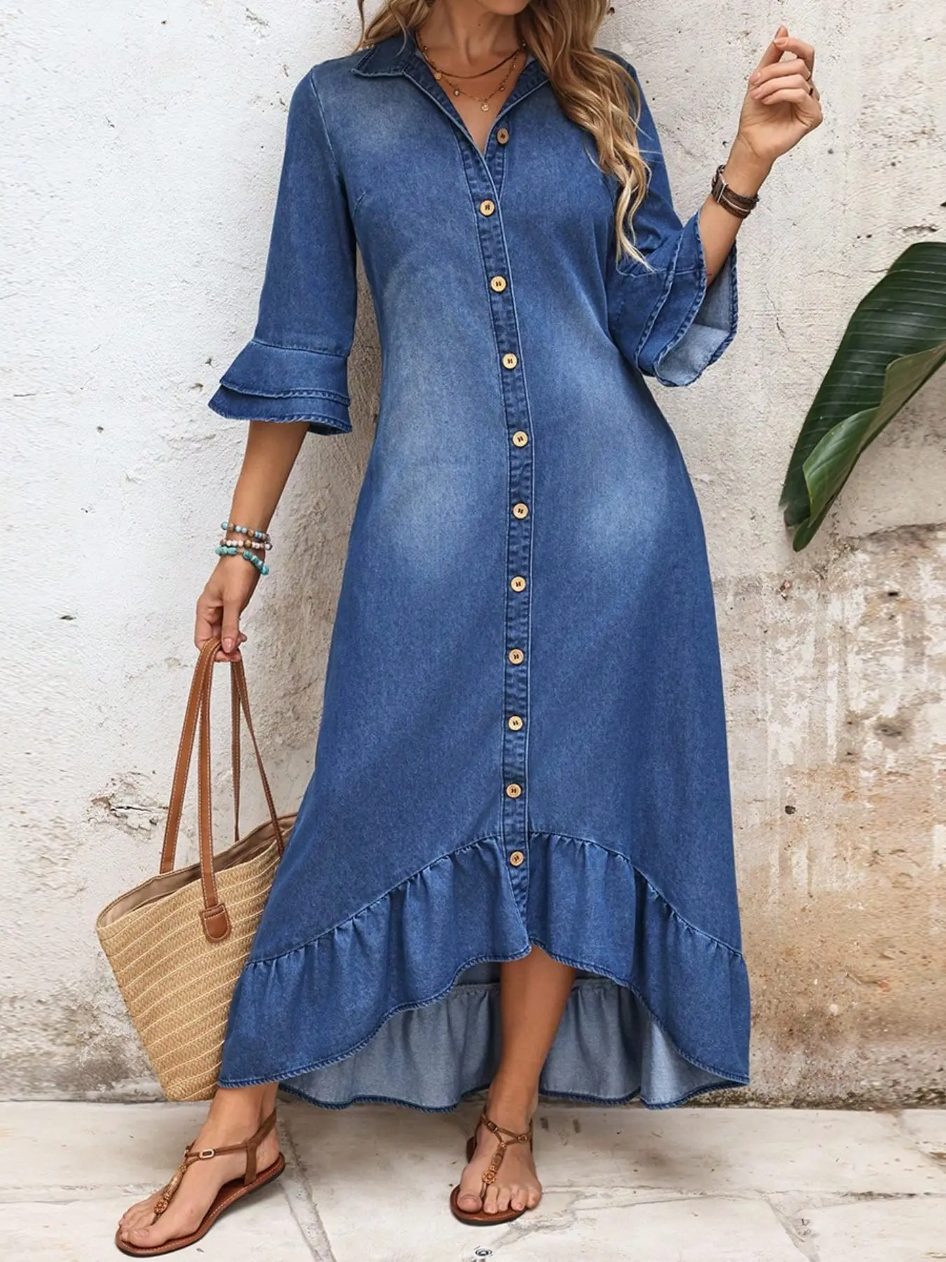 Tall Women's Vintage Washed Blue Notch Lapel Open Front Denim Shirt Dress, Double Layer Flare Sleeves, Loose Fit, Perfect for Casual Outings