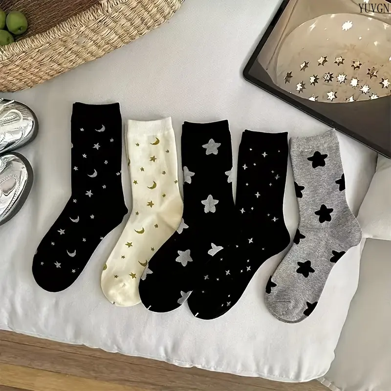Women's Multicolor 5-Pack Mid-Calf Crew Socks - Star Moon & Flower-Print Celestial Design, Casual Wear, Office/Commute Cozy Knit Sports Socks, Minimalist Fashion Accessory