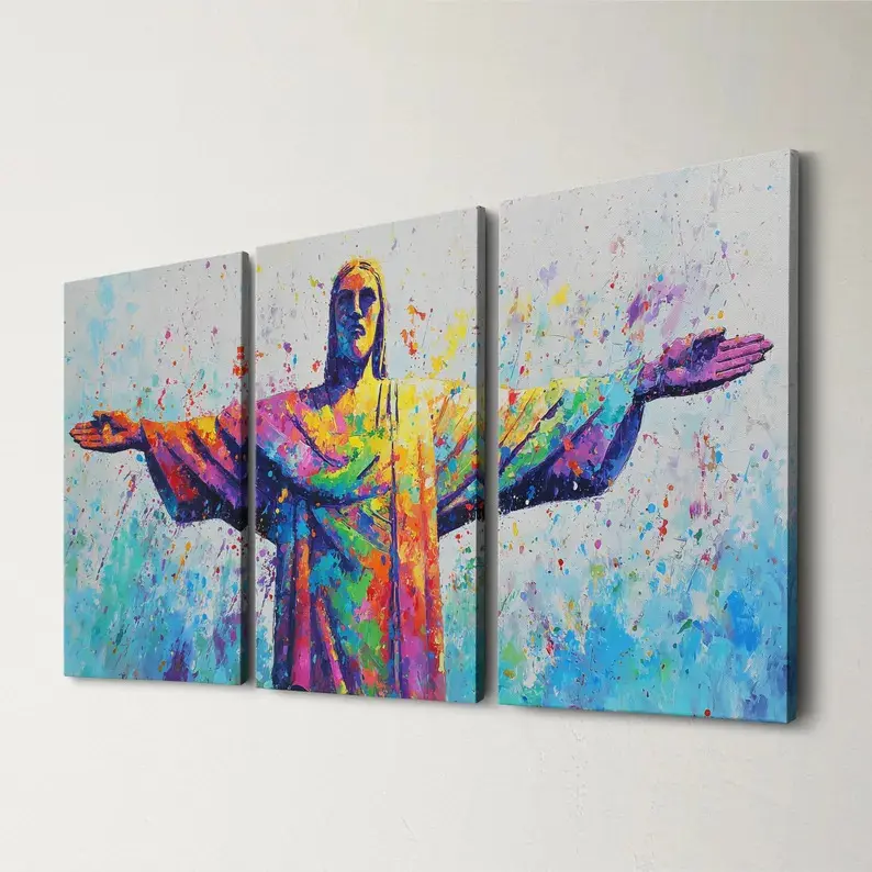 Set of 3 Christ radiating light · Rio de Janeiro landmark canvas painting Canvas Wall Art Framed, Abstract Painting Print Poster Aesthetic Wall Decor, Home Artwork for Living Room Bedroom Dining Room Kitchen Hallway Office, Ready to Hang
