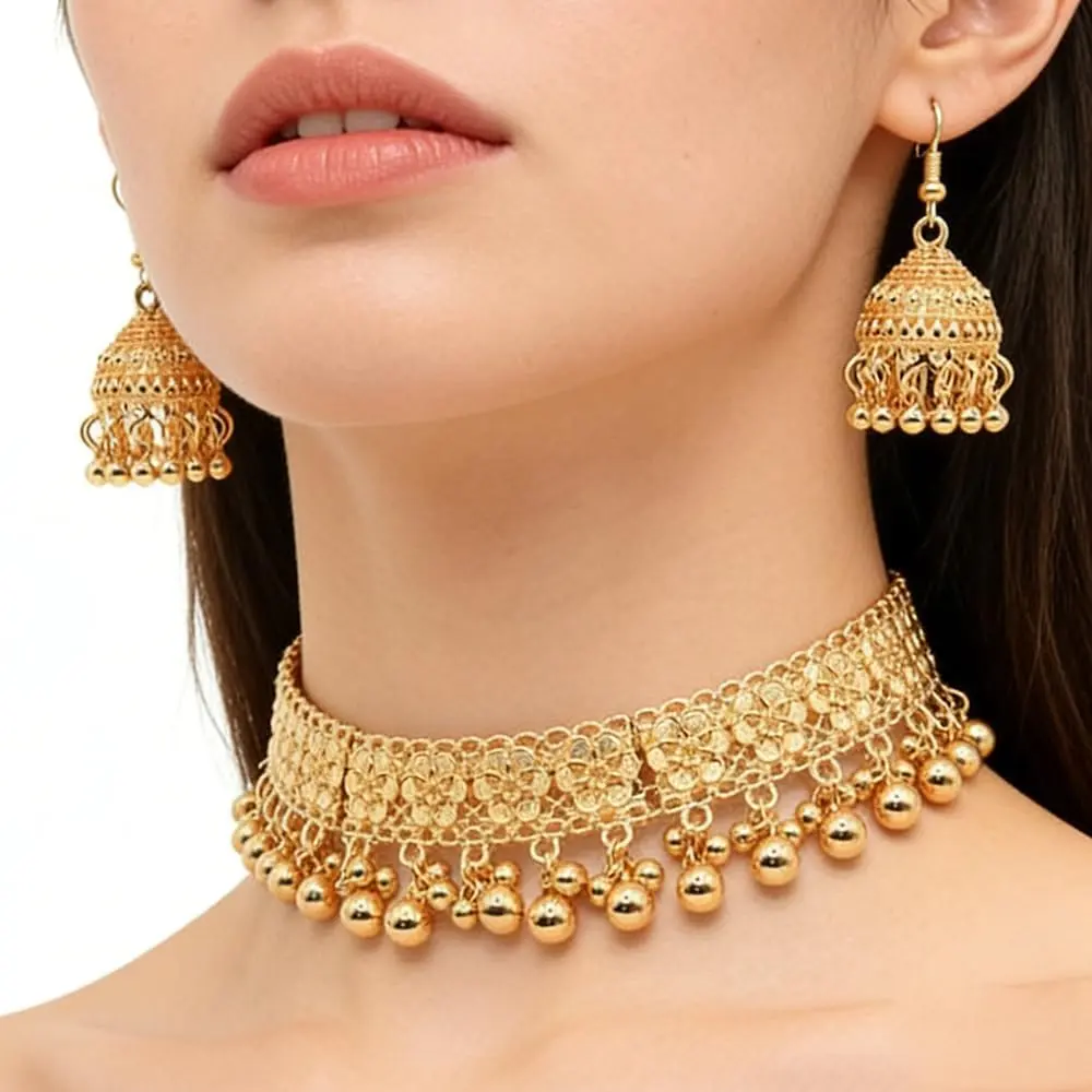 Bohemian Bridal Jewelry Set for Women Gold-Tone Plated Choker Necklace Jhumka Earrings Indian Wedding Boho Flower Ethnic Party Wear Bollywood Festival Statement Piece Traditional Tribal Holiday Prom