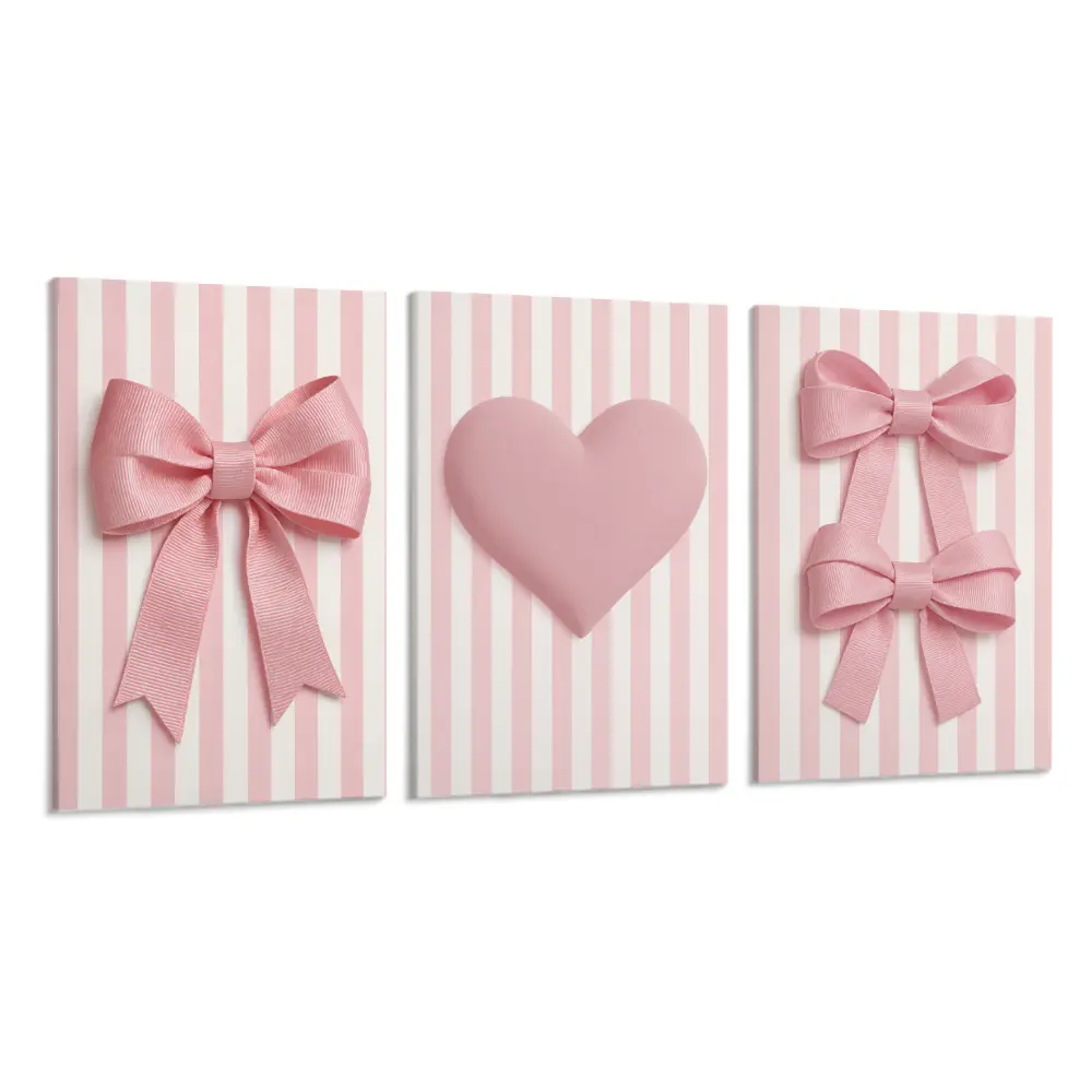3-Piece Canvas Art Set with Striped Bow Heart Design, Waterproof Hanging Wall Art, Wall Prints for Living Room and Bedroom Home Decor, Cute Wall Decor, Aesthetic Room Decor, Gallery Wall Art, Modern Home Decoration geometric custom frameless animal music