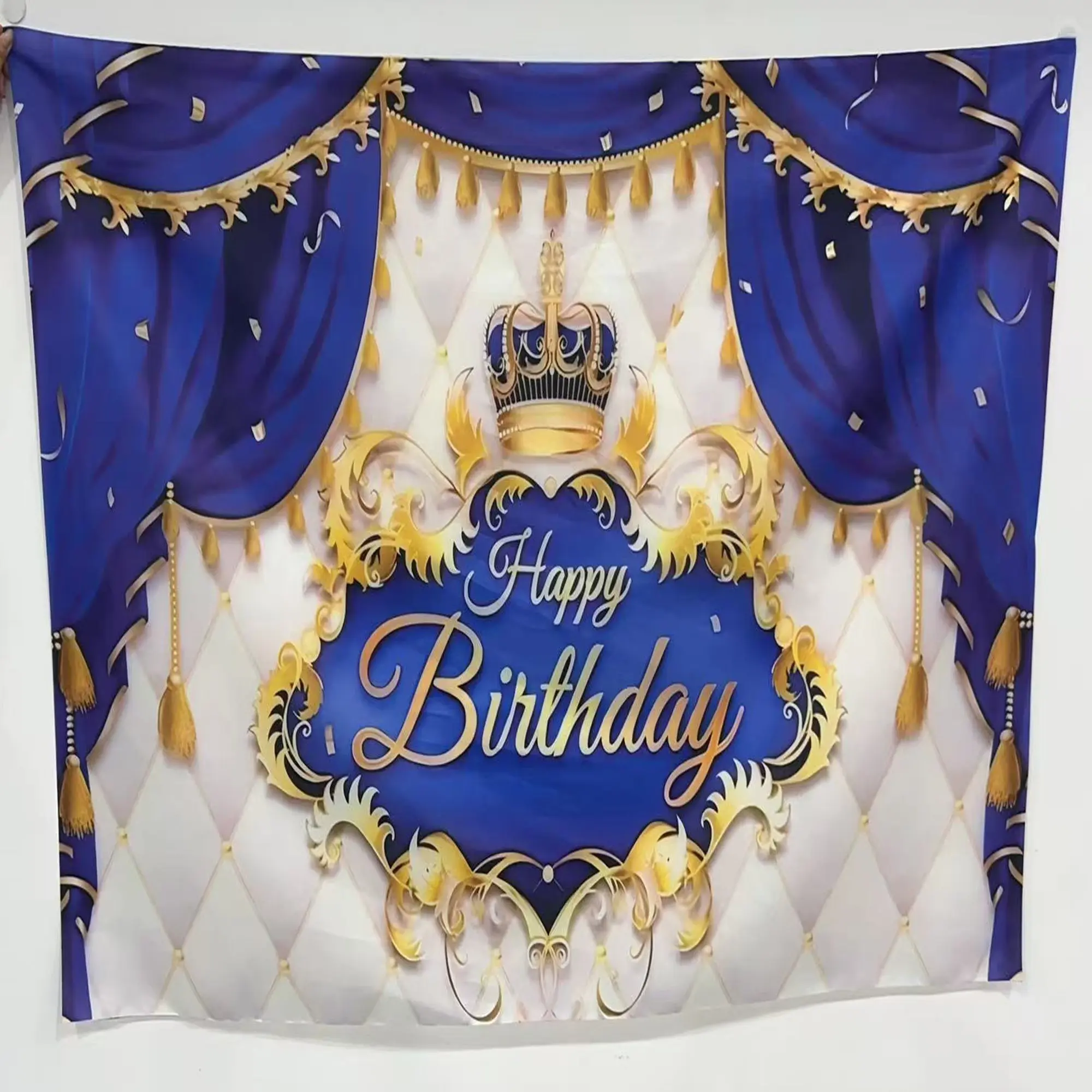 2D Banner 1pc, blue gold crown prince style birthday background cloth, Birthday Backdrop, crown with gilt curly grass pattern, suitable for first-year banquets, theme birthday party decorations, multiple sizes available, polyester material