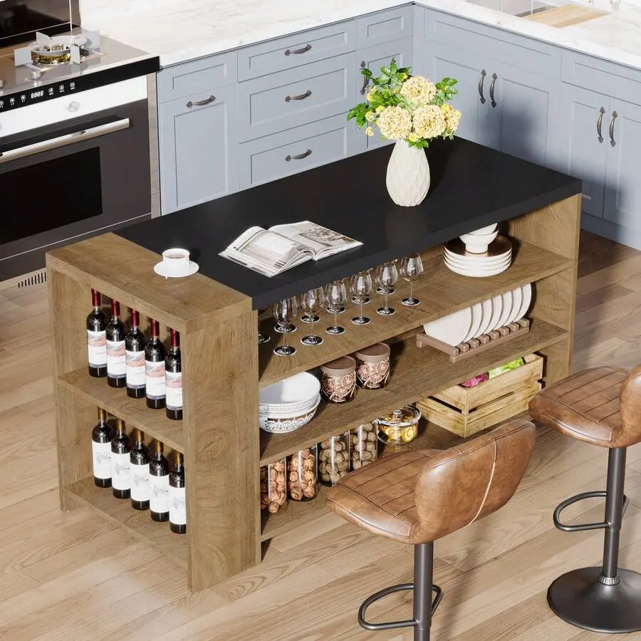 55" Island With Storage, Wood 5-Tier Stationary Island Table With 5 Shelves, Large Countertop Coffee Bar Table Storage Cabinet, Brown