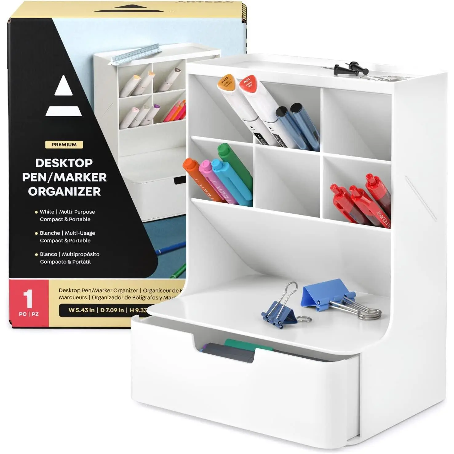 Desktop Pen and Marker Organizer, 6-Compartment White Pen Holder for Desk with Stationery Drawer, Makeup Organizer