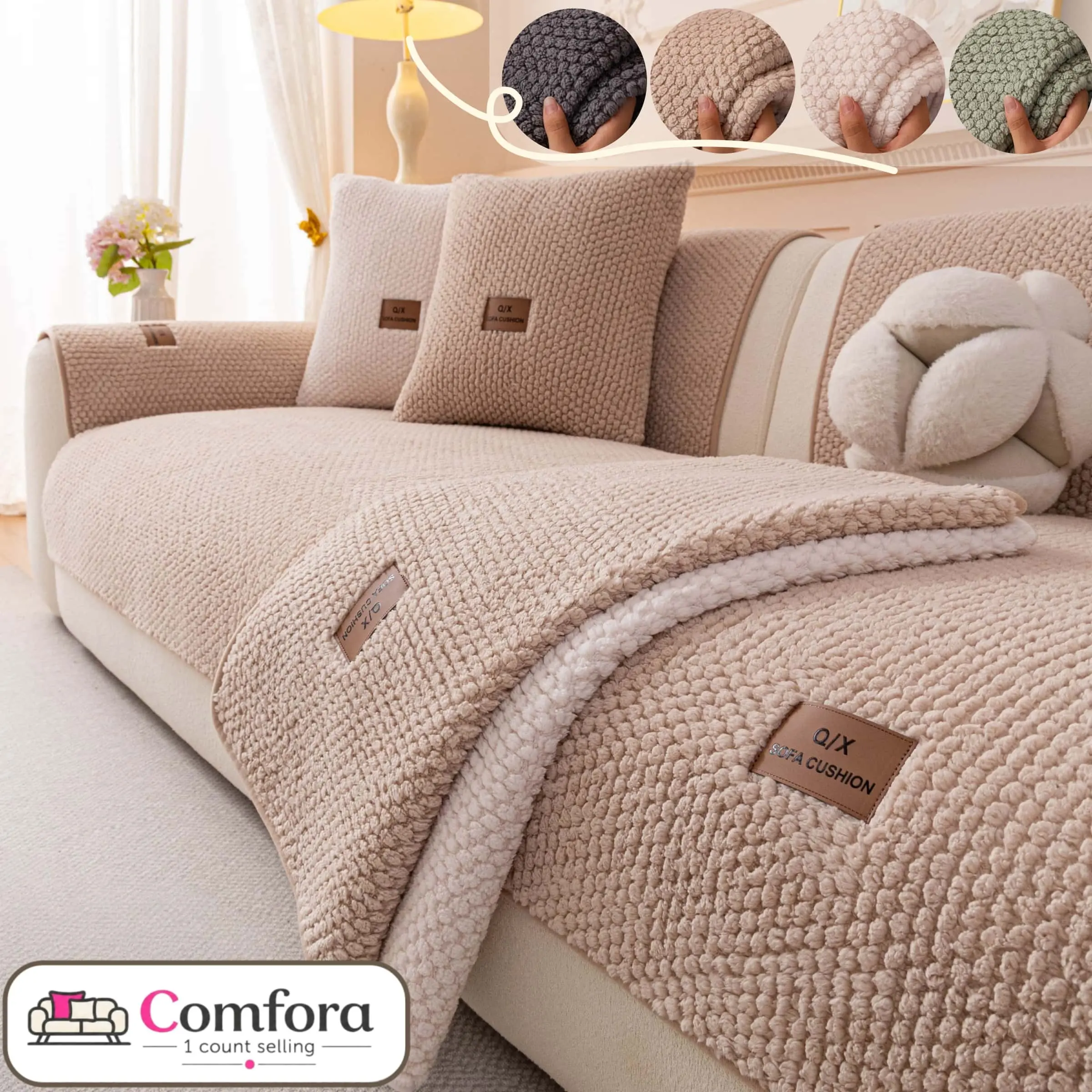 Solid Color Plush Couch Cover, Soft Chenille Sofa Cover with Multi-Color Options, Non-Slip Pet-Friendly Machine Washable Furniture Protector Mat for Sectional, Loveseat & 3-Seater, Sofa Furniture Slipcovers