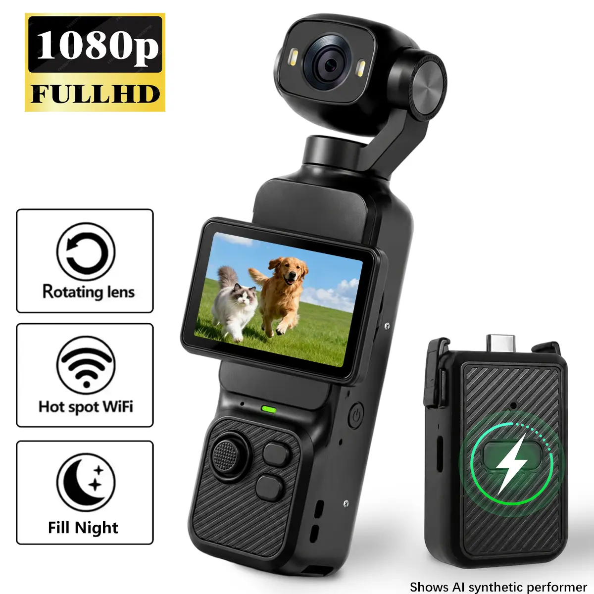 Vlogging Camera, 12MP Pocket Handheld POV Digital Camera with 180° Rotatable Flip Lens, 90° Vertical Horizontal Touch Screen, Dual LED Fill Light, Long-Lasting Extra Charging Case for Travel Sports Creator Content Action Vlogging Camera