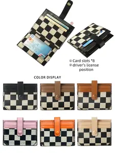New Two-Fold Small Card Wallet, Compact Short Bag, Colorblock Checkered Card Case, Multiple Slots, Apricot
