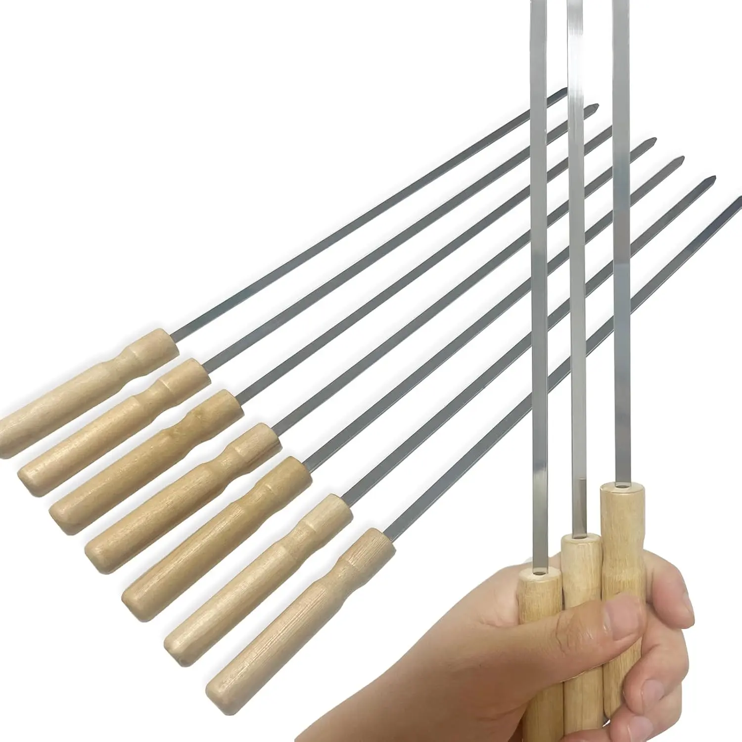 10 count Kabob Skewers, 16IN Metal Skewers for Grilling,  Stainless Steel Flat Kebabs, with Wooden Handles Insulated  BBQ Set