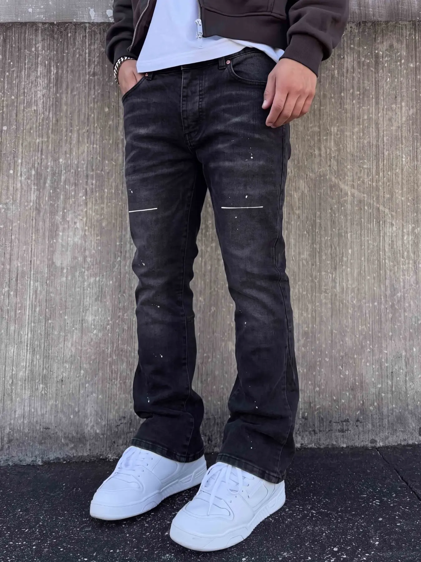 Men's Bell Bottom Jeans, Micro Flare Fit, Stretchy Comfortable Fabric, Ink Wash Design, Multiple Button Closure, Casual Streetwear Long Pants